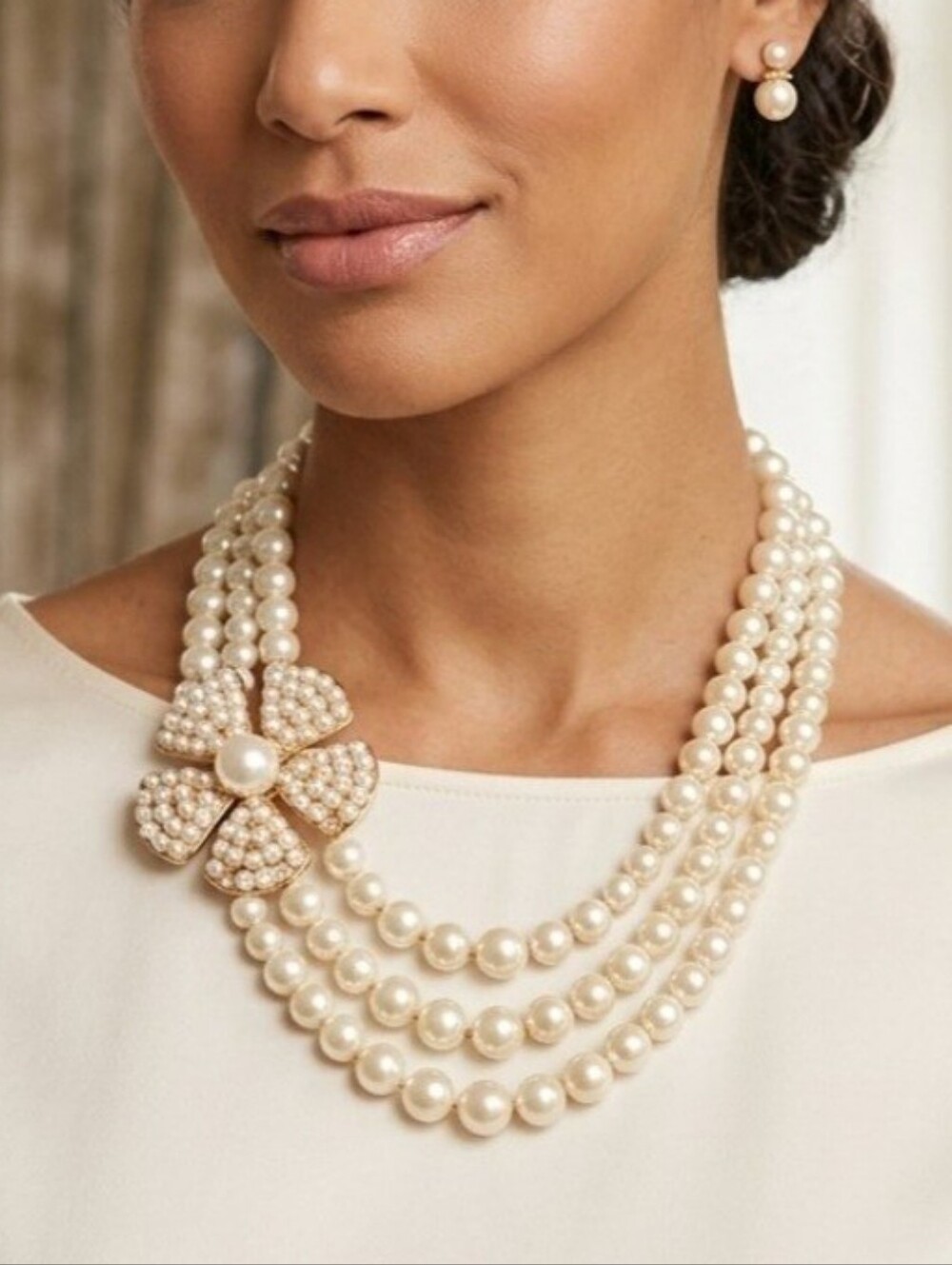 Classic Pearl Multi-Strand Necklace with Chunky Statement Floral Pearl Flower